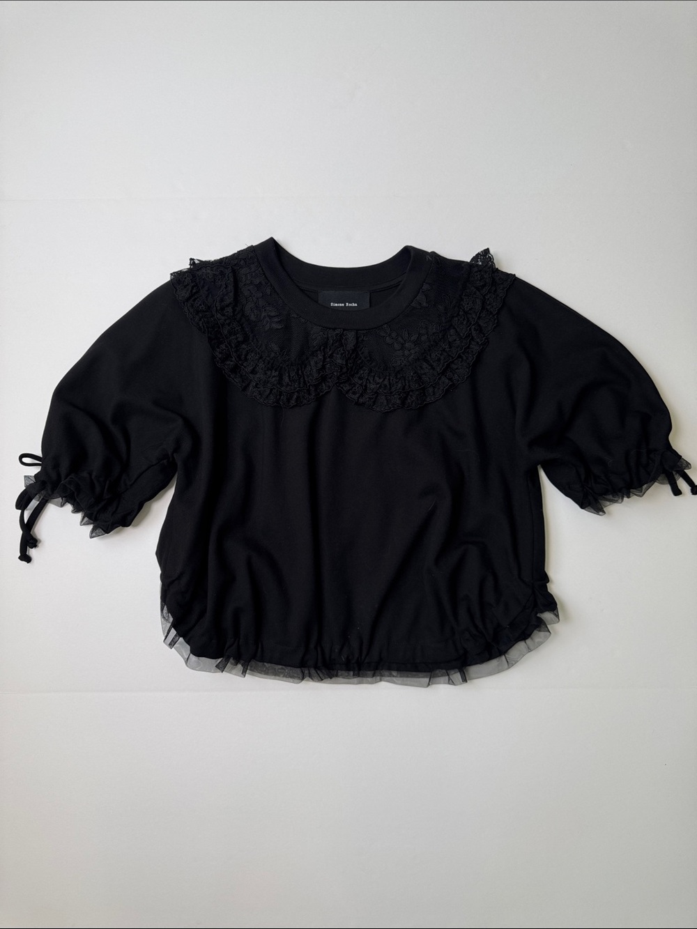 SIMONE ROCHA Black Sheer Lace Trim Ruffle Neck Bow Tie Puff Sleeve Sweatshirt M